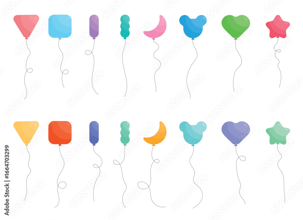 Poster this image features a collection of whimsically shaped balloons in various colors. they include tria