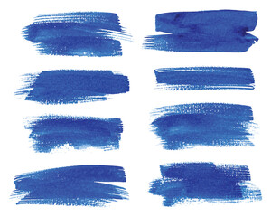 A collection of eight horizontal blue watercolor paint brush strokes in varying textures and shades on a stark white background creating dynamic abstract elements.