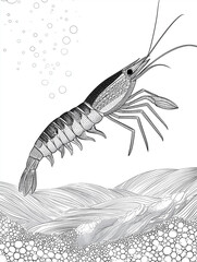 Detailed shrimp illustration with ocean foam and bubbles
