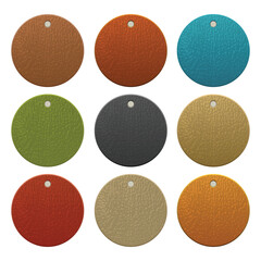 A collection of nine round textured tags, each a different color, displayed in a 3x3 grid on a clean white background, creating a visual array of textures and hues.