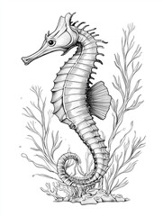 Detailed seahorse illustration in seaweed underwater environment
