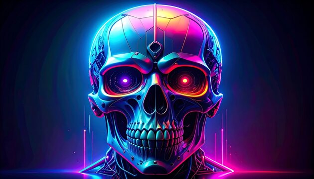 Futuristic cybernetic skull with vibrant neon light