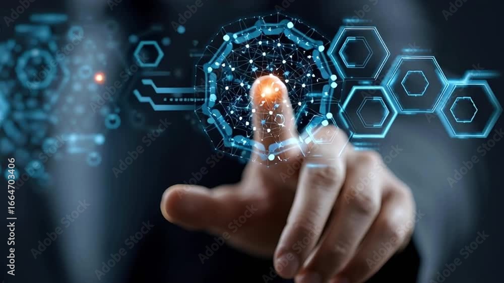 Poster businessman touching futuristic hologram interface, activating digital sphere with network of lines 