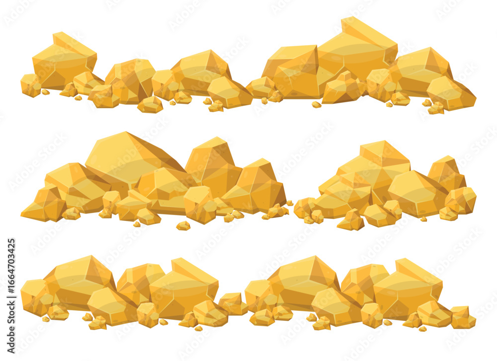 Poster three lines of golden rocks are scattered across the scene. the rocks are polygon shaped and piled a