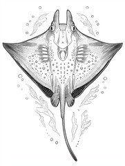 Stingray underwater line art with seaweed and bubbles

