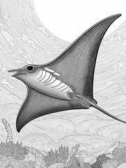 Manta ray underwater black and white line art drawing
