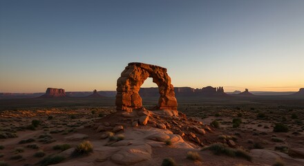 Fototapeta premium Delicate Arch glows warmly during sunset in Utah's Canyonlands landscape
