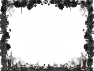 Gothic black roses and skulls frame with dripping candles isolated on transparent background