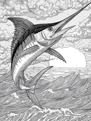 Jumping swordfish ocean wave scene line art illustration
