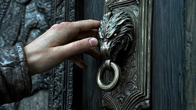Hand reaching for ornate door knocker