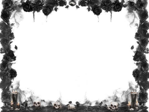 Gothic black roses and skulls frame with dripping candles isolated on transparent background