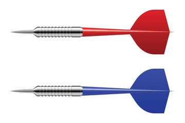 Two darts, one with a red flight and the other with a blue flight, are set against a white backdrop. The darts are precisely engineered, designed for pinpoint accuracy.