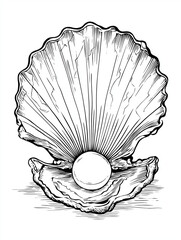Pearl inside detailed open seashell illustration, black and white ocean-themed drawing
