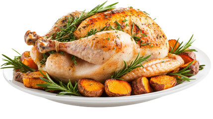 A beautifully roasted chicken served with sweet potatoes and herbs.