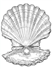 Pearl inside detailed open seashell illustration, black and white ocean-themed drawing
