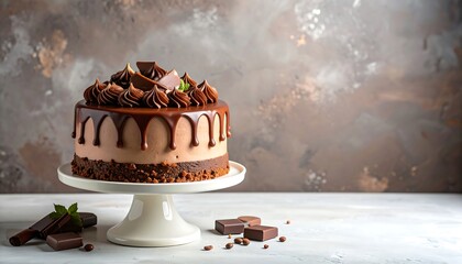 A decadent chocolate cake, drizzled with rich chocolate and topped with swirls of creamy chocolate frosting, sits elegantly on a white pedestal.