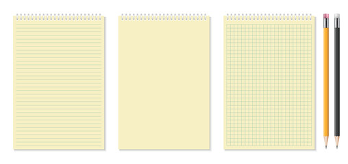 Three cream-colored notepads are shown, a lined, blank, and grid paper with two pencils on the right side, set against a white backdrop in a product shot.