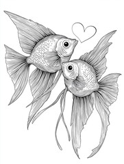 Romantic angelfish illustration with heart, black and white drawing
