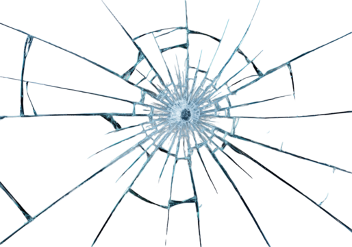 Photorealistic extreme macro of a fractured transparent glass pane, intricate spiderweb cracks, luminous, cool-toned minimalist studio background. Visual metaphor of transformation and resilience