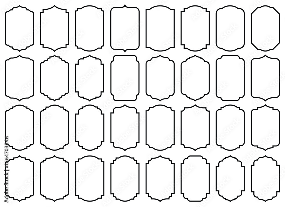 Poster a diverse collection of empty frame designs, digitally rendered in neat rows. these frames are ready