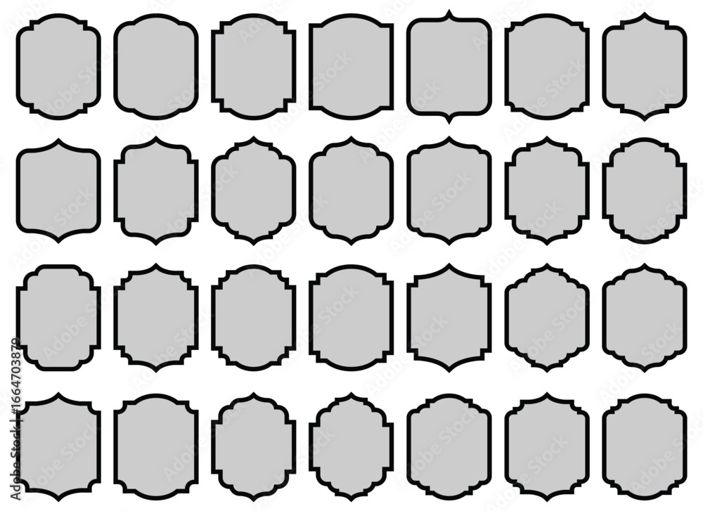 Poster a set of thirty unique frame shapes with black outlines, each filled with gray. the array of designs