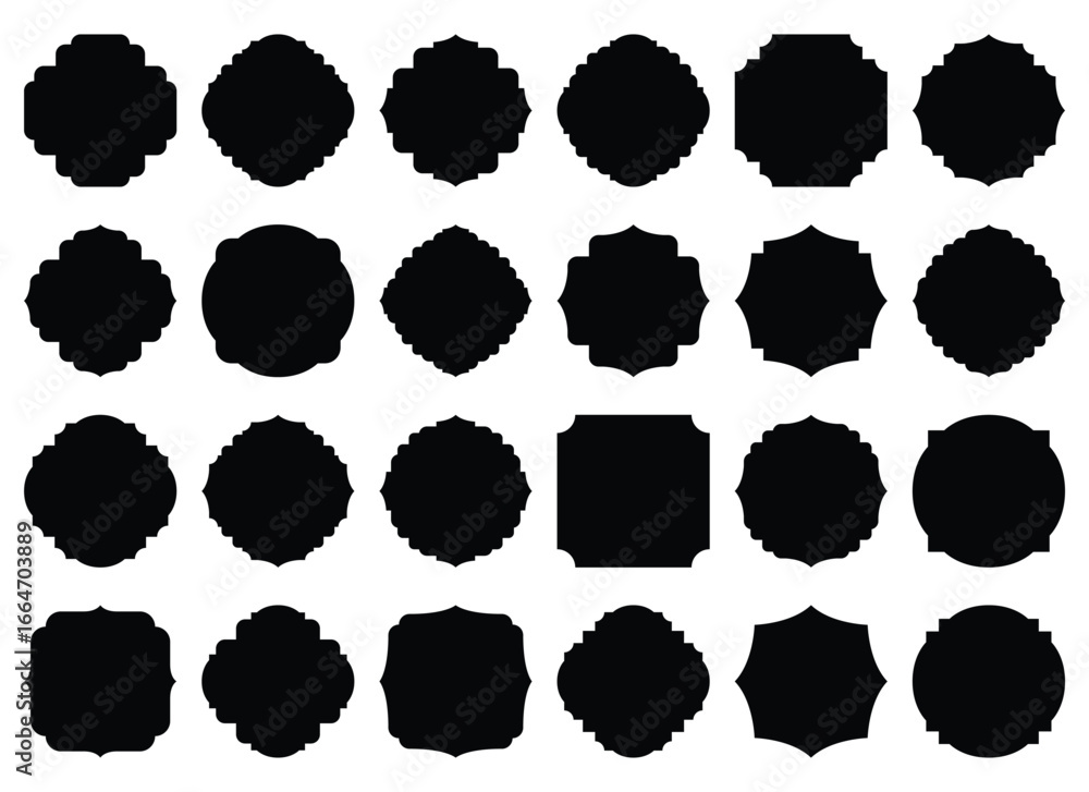 Poster a seamless pattern showcases a collection of twenty-four distinct decorative label shapes in silhoue