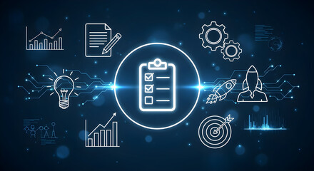Business strategy planning and project management concept with digital icons of checklist, innovation, growth chart, target, leadership and startup rocket on futuristic background
