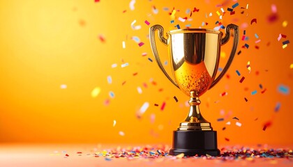 A golden trophy stands proudly amidst a flurry of colorful confetti against a vibrant orange background.