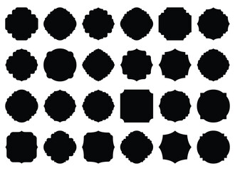 A seamless pattern showcases a collection of twenty-four distinct decorative label shapes in silhouette. The shapes repeat on a white background, creating an elegant aesthetic.