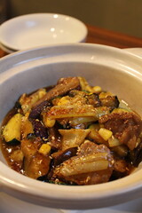 Taiwanese cuisine: pork cheek, eggplant and zucchini stir-fried with Taiwanese black vinegar