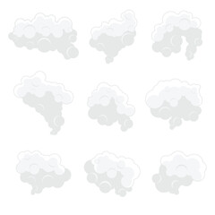 Nine stylized cloud illustrations are displayed against a pristine white background. Each cloud boasts a distinct shape and form, resembling fluffy cotton or vaporous formations.
