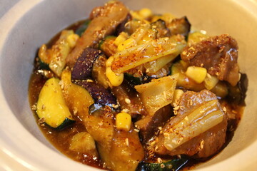 Taiwanese cuisine: pork cheek, eggplant and zucchini stir-fried with Taiwanese black vinegar