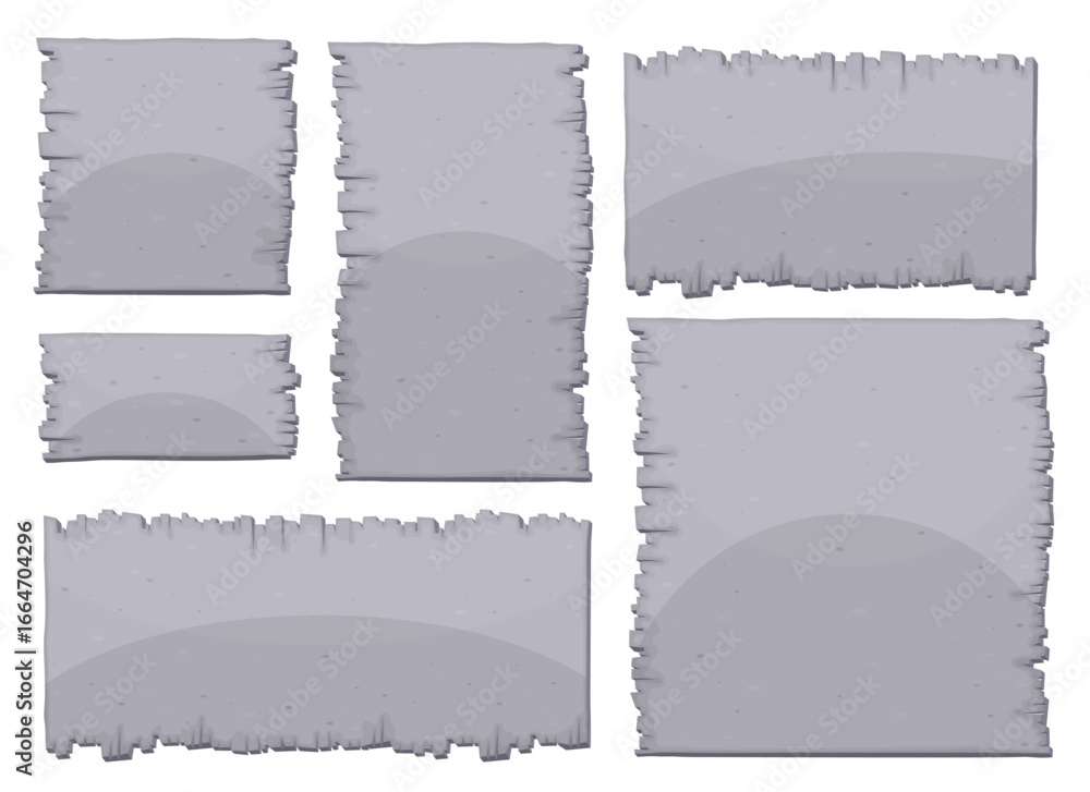 Poster a set of cartoon-styled gray banners with rough, distressed edges. these stone-like shapes come in d