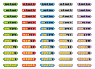 The image showcases a collection of cartoon status bars with different levels of completion, signified by stars, on a plain white background. They vary in color.