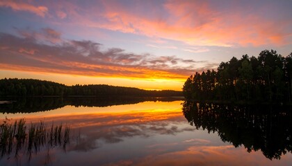 Fototapeta premium A serene lake at sunset, with vibrant colors reflected on the still water, showcasing a peaceful forest shoreline.