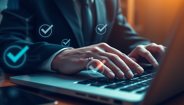 Person's hands with ring typing on laptop with checkmarks and data image photo