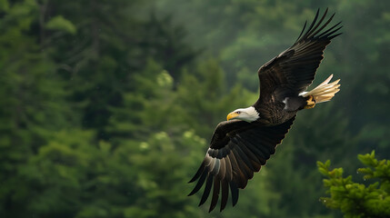 Obraz premium Bald eagle in flight against a backdrop of lush green forest, showcasing its majestic wings and powerful presence in the wild