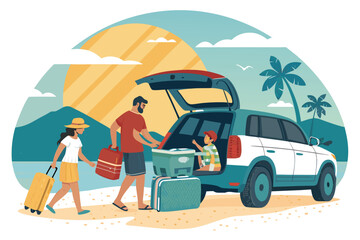 Fototapeta premium Family loading cooler for summer fun.