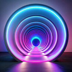 Obraz premium A mesmerizing tunnel of glowing neon rings in shades of blue, pink, and purple recedes into the distance