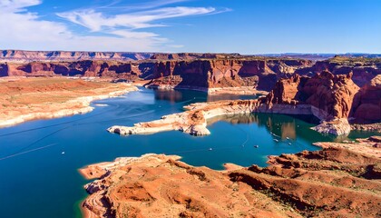 High-angle view of a vast lake surrounded by red rock formations.