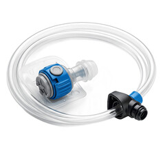 A hydration pack tube featuring a clear plastic tube with blue and black connectors for water access.