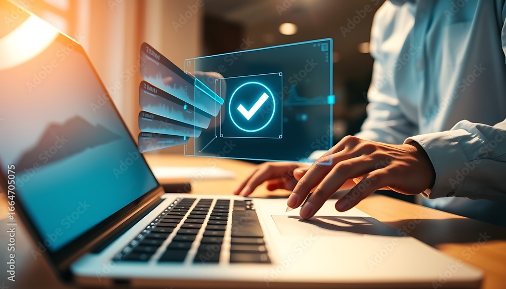 Aufkleber person using laptop with glowing digital interface and checkmark icon technology data