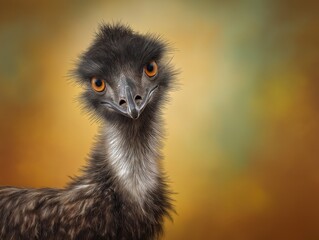 Emu with striking orange eyes and textured feathers, stands against a soft gradient background, showcasing its unique features and captivating expression