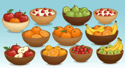 A vibrant collection of fresh, wholesome fruits displayed in rustic wooden bowls, perfect for a healthy diet
