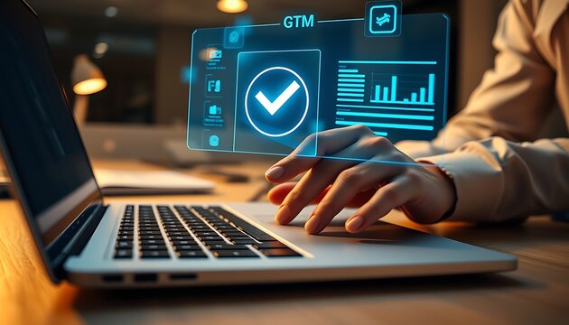 Person using laptop interacting with futuristic digital interface with graphs and icons technology data analysis