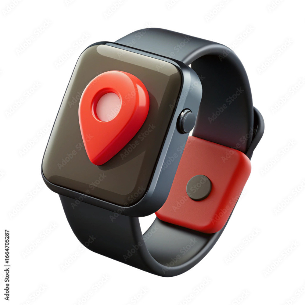 Poster a modern smartwatch displays a red location pin icon on its screen, isolated on a transparent backgr
