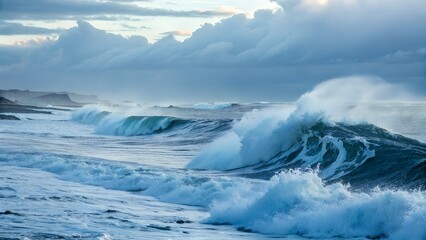Ocean's Breath: Capturing the Raw Power and Tranquility of the Sea. The image showcases the mesmerizing dance of waves crashing onto the shore under a dramatic cloudy sky.