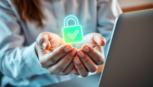 Person holding glowing green padlock with checkmark symbol over laptop cybersecurity data protection