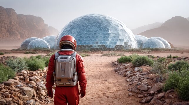 An astronaut explores a futuristic habitat on a red, alien planet, ready for the future of space exploration.