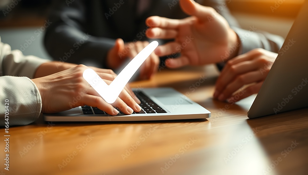 Aufkleber hands interacting with a laptop displaying a prominent glowing checkmark symbol computer technology